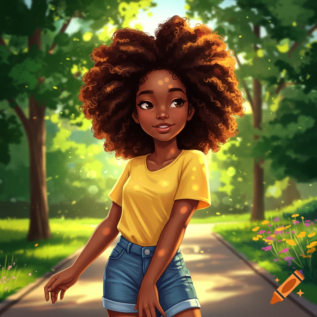 A cartoon illustration of a happy Black girl with curly hair, wearing a yellow shirt and denim shorts, standing on a park path surrounded by green trees and sunlight.