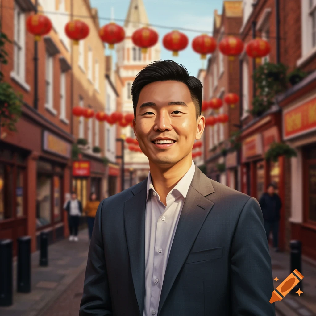 A smiling man in a suit stands on a street decorated with red Chinese lanterns, with blurred buildings in the background, photorealistic style.