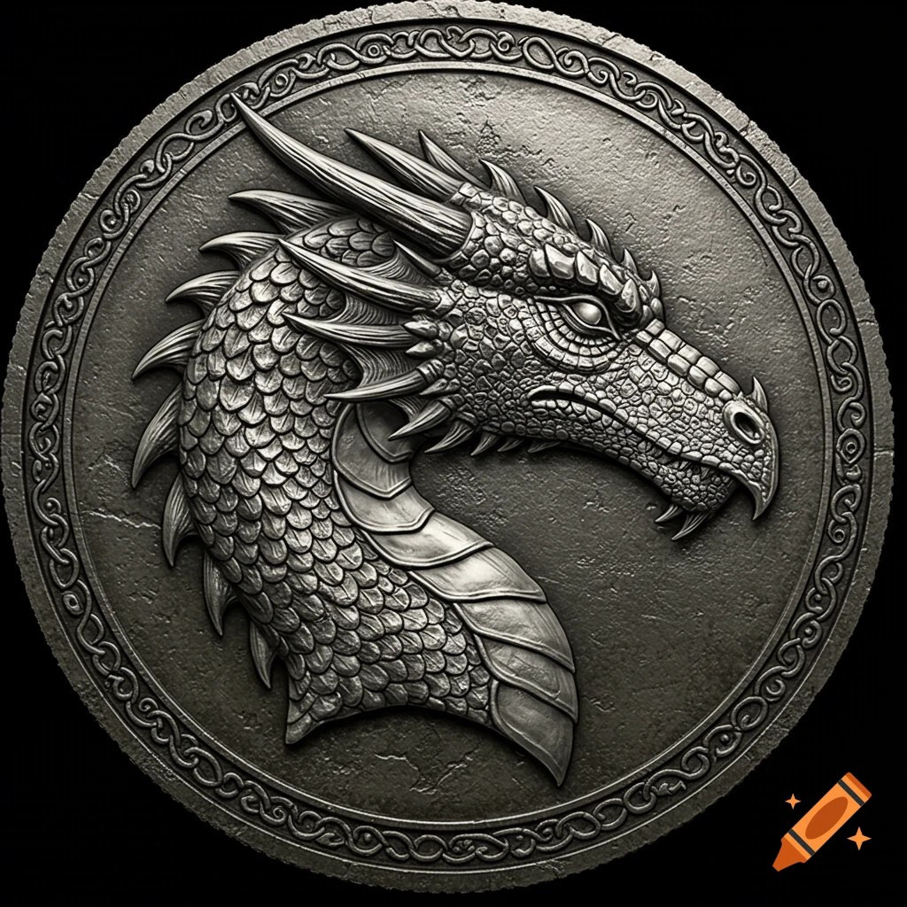 Detailed silver dragon head sculpted in profile on a circular coin with an ornate border.