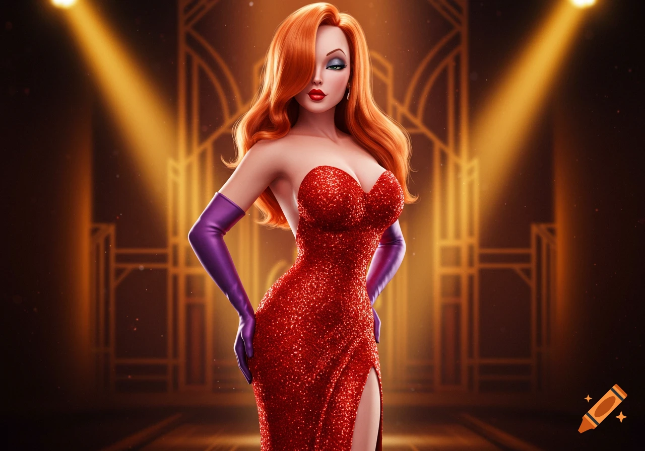 Jessica Rabbit in a sparkling red strapless gown and purple gloves, standing confidently under golden spotlights.