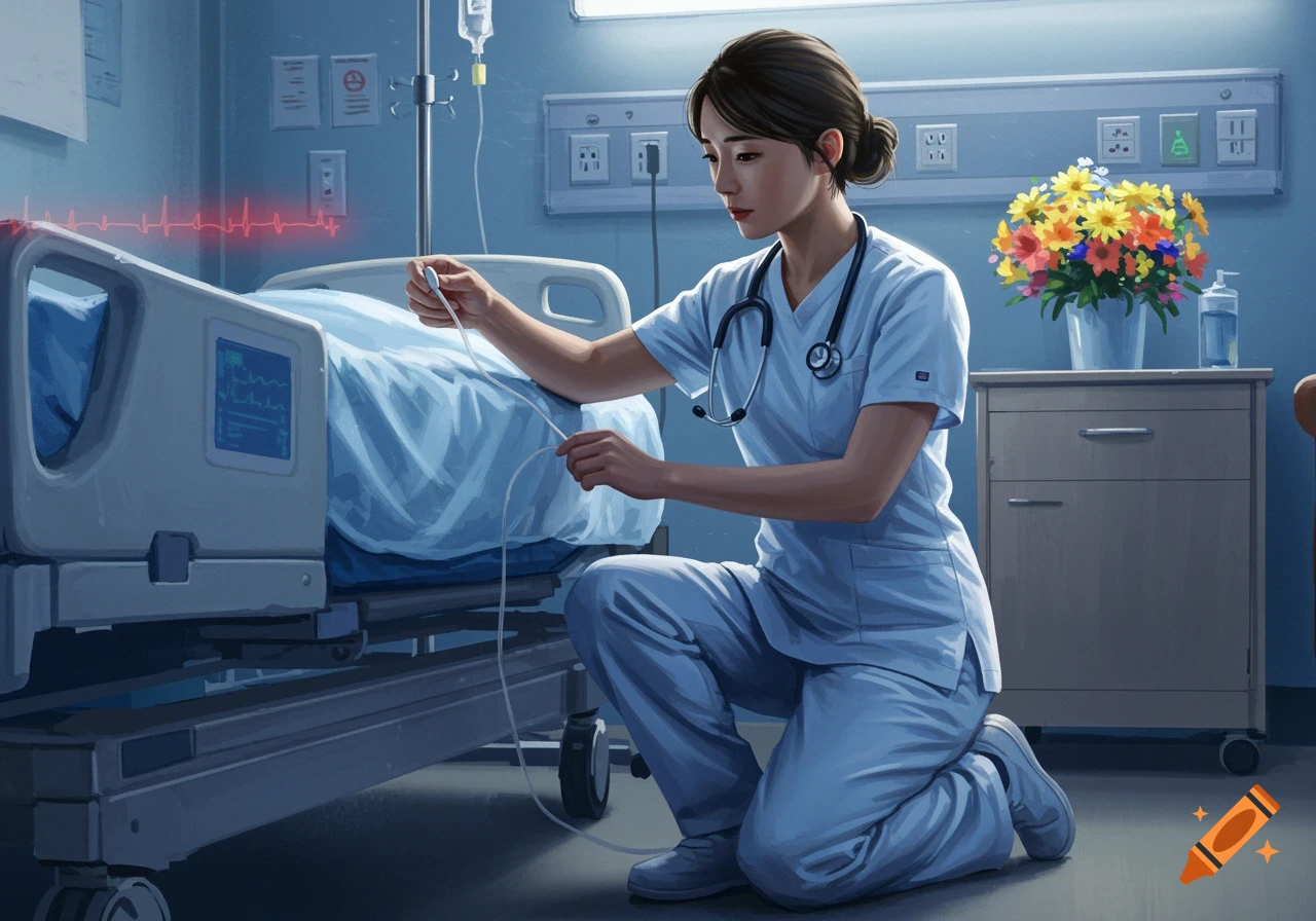 A nurse in light blue scrubs crouches beside a patient's bed in a hospital room, adjusting medical tubing.
