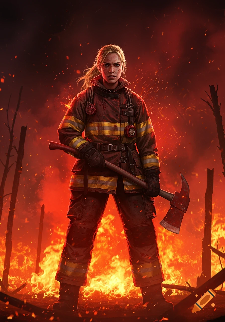 A blonde female firefighter stands in a fiery landscape, holding an axe, in a dramatic digital illustration.