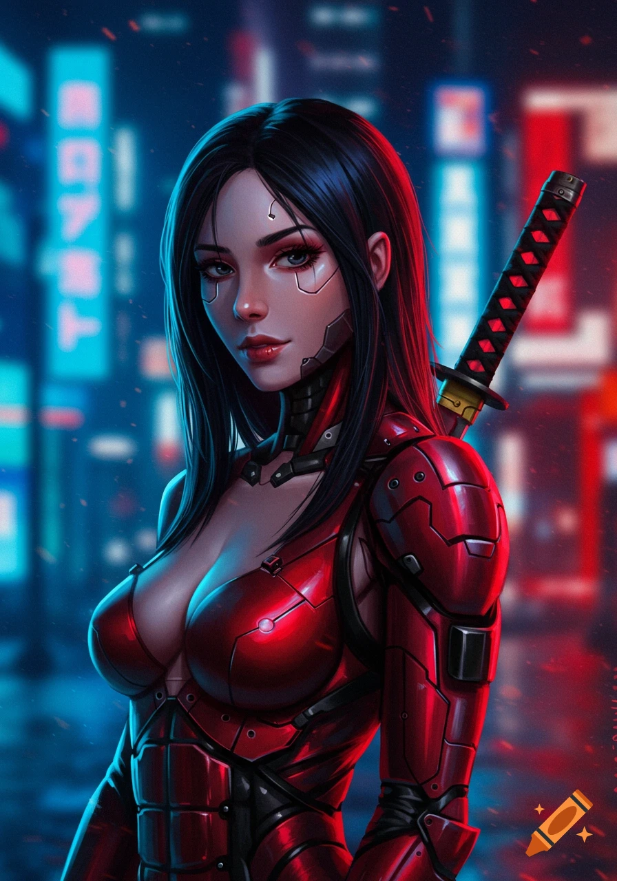 A cyberpunk anime woman in red and black body armor with a katana on her back stands in a neon-lit city.