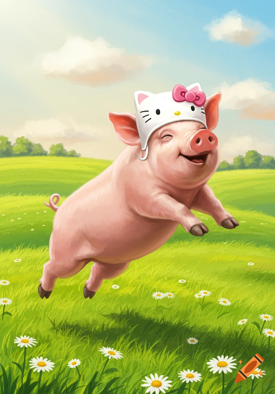 A happy cartoon pig wearing a white Hello Kitty hat jumps joyfully in a green field with daisies under a blue sky.