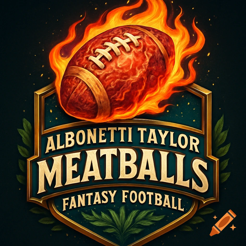 A flaming football above a shield logo with "ALBONETTI TAYLOR MEATBALLS FANTASY FOOTBALL" text and olive branches, digital art.