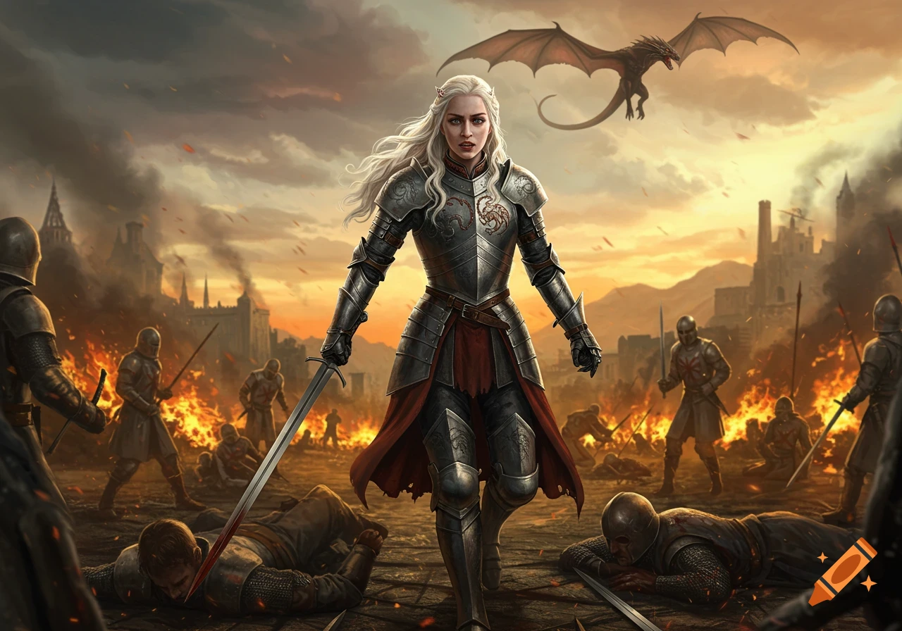 A powerful female warrior in full armor holds a sword amidst a burning medieval battlefield with a dragon flying overhead.