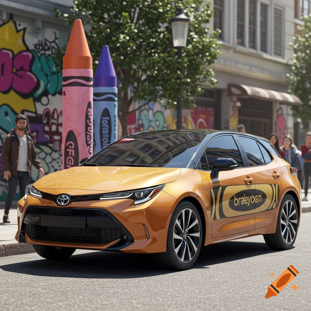 An orange Toyota hatchback car parked on a city street next to giant pink and purple crayons, with graffiti on a wall behind them.