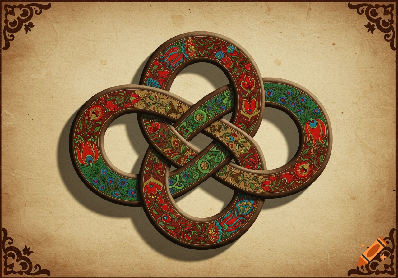 A vibrant Dara Celtic knot rendered in Hungarian folk art style, featuring intertwining patterns of red, green, and blue on an aged parchment background.