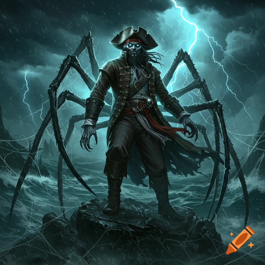 A monstrous pirate with glowing eyes and spider-like legs stands on a rock in a stormy sea with lightning.