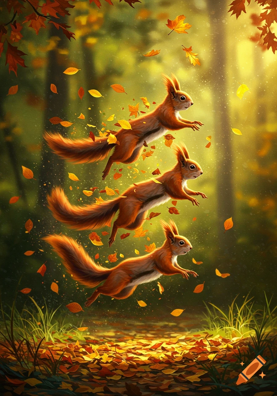 Three brown squirrels leap through a sunlit autumn forest with falling orange and yellow leaves.