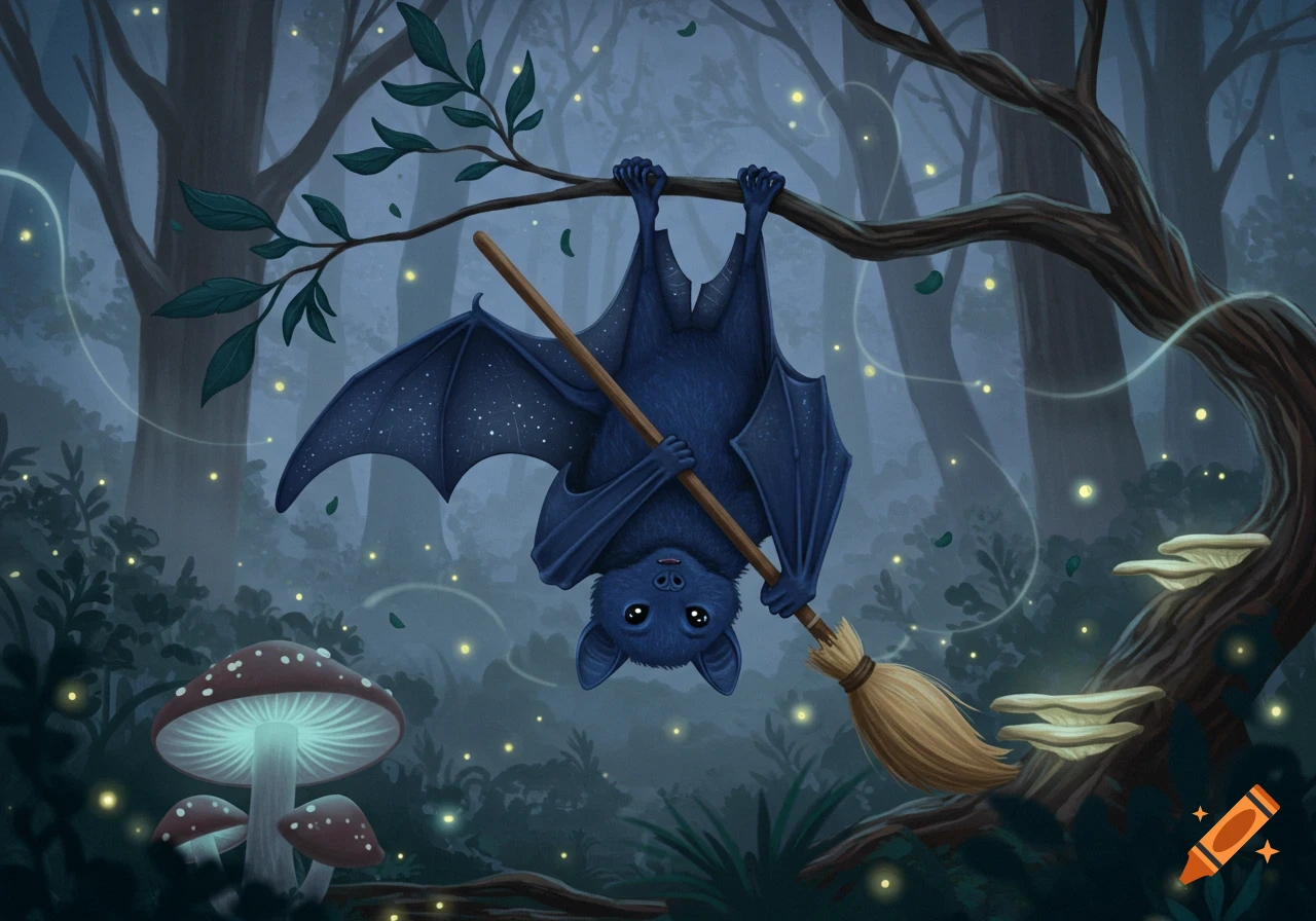 An adorable blue bat hangs upside down from a tree branch, holding a broom, in a mystical forest with glowing mushrooms and fireflies.