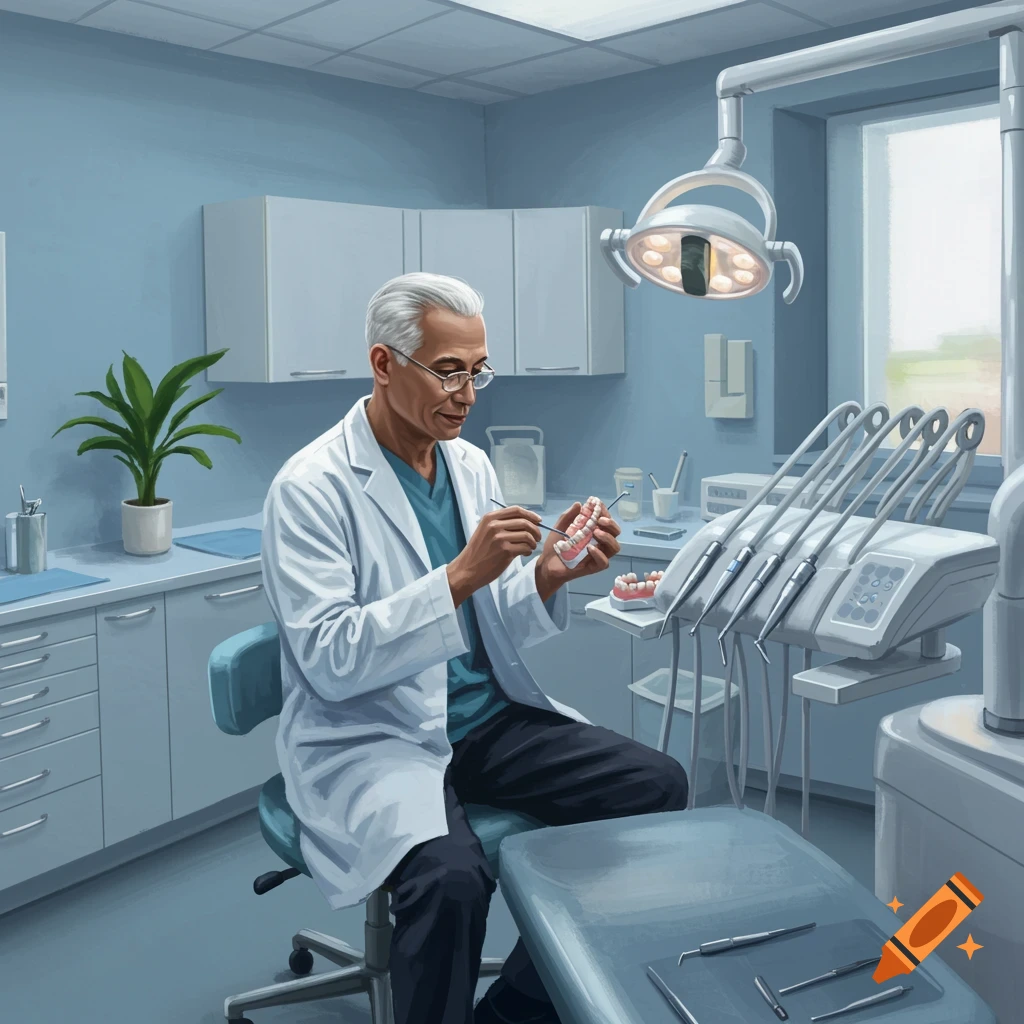 A male dentist in a white coat examines a dental model of teeth in a clean, modern dental office.