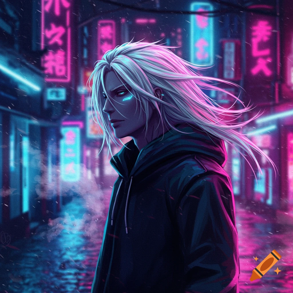Anime man with long white hair and a black hoodie standing in a neon-lit cyberpunk city street at night.