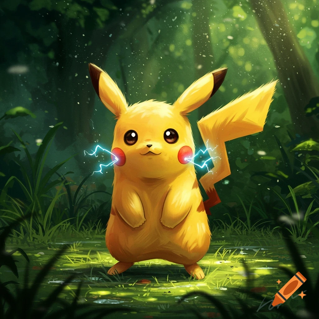 Pikachu stands in a vibrant, sun-dappled forest, electricity sparking from its red cheeks.