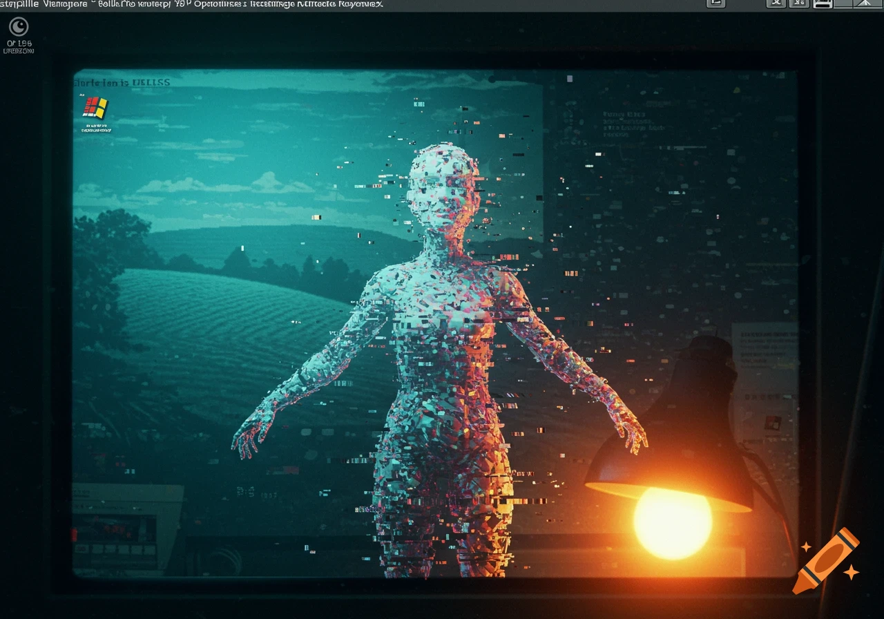 A glitched digital humanoid figure on a retro computer monitor displaying a pixelated landscape, reminiscent of a Windows XP desktop, with a lamp to the right.