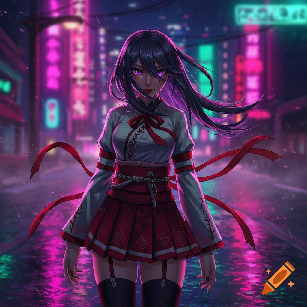 An anime-style woman with dark hair, purple glowing eyes, and a serious expression stands in a neon-lit cyberpunk city street at night.