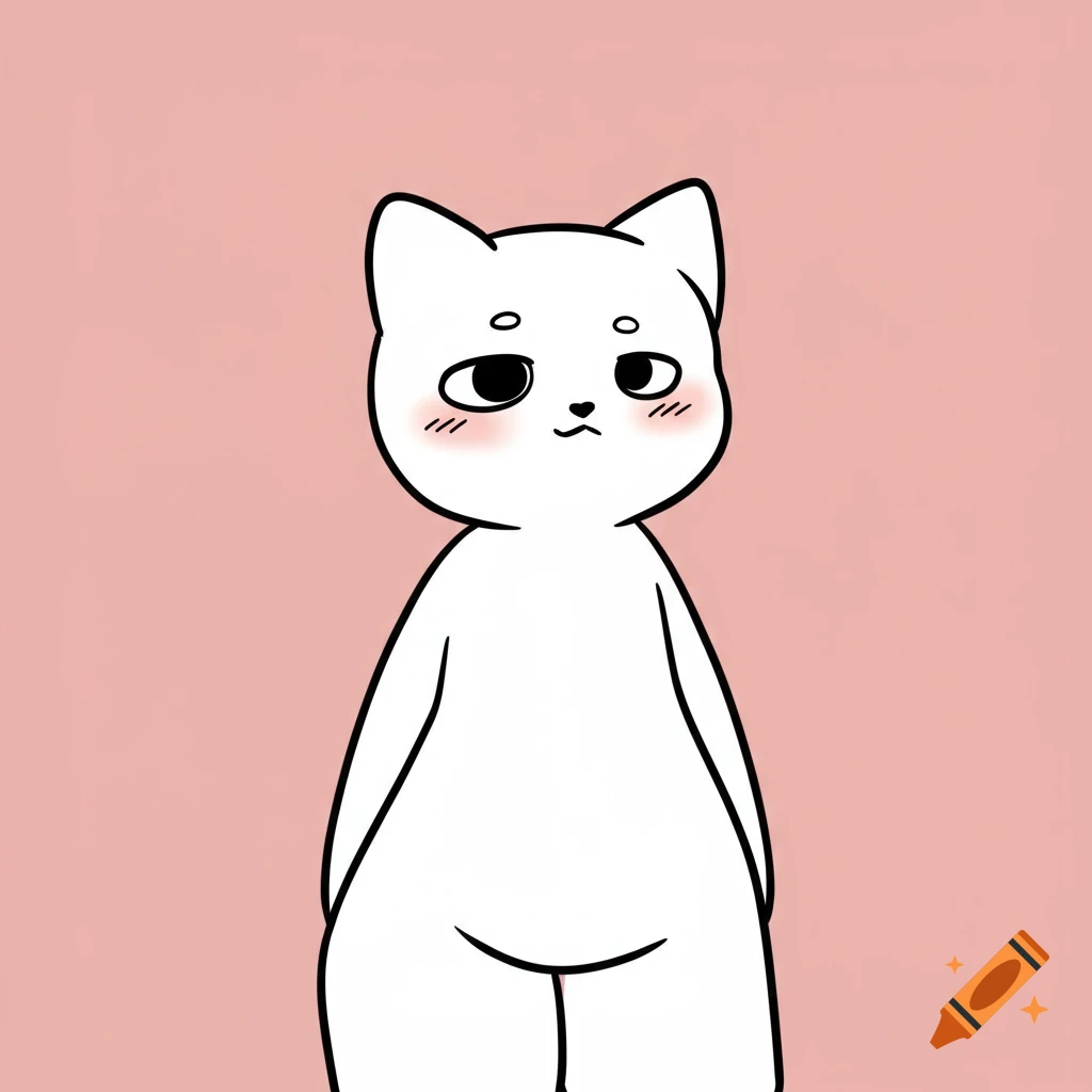 A white cartoon cat character with large black eyes and pink cheeks, drawn with a simple black outline, against a solid light pink background.