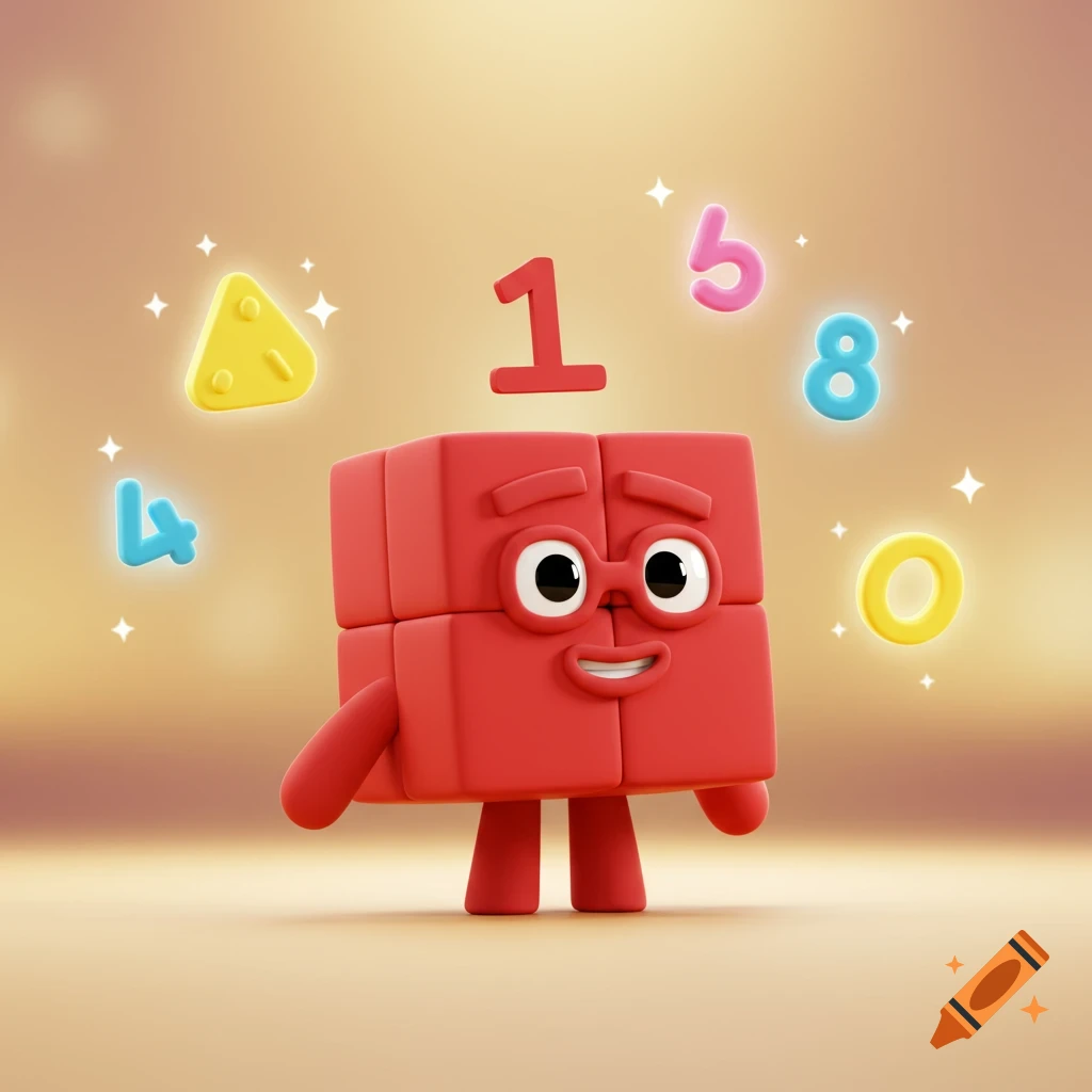 A friendly red block character with eyes and a smile stands amidst floating colorful numbers 1, 5, 8, 4, and 0, with sparkling effects.