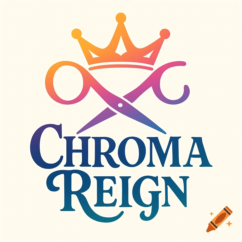 Logo for 'Chroma Reign' featuring a golden crown and gradient-colored scissors crossing above the text.