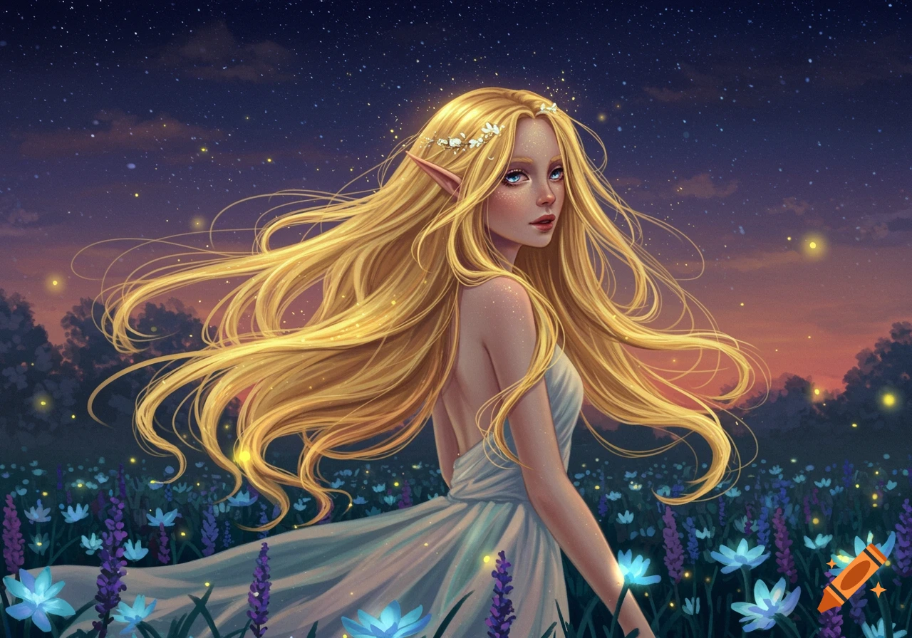 An elf girl with flowing blonde hair in a white dress stands in a field of glowing flowers under a starry twilight sky.