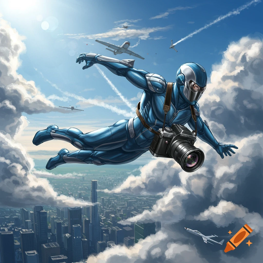 A blue-suited superhero with a camera flies through a cloudy sky above a city, with airplanes in the distance, in a comic art style.