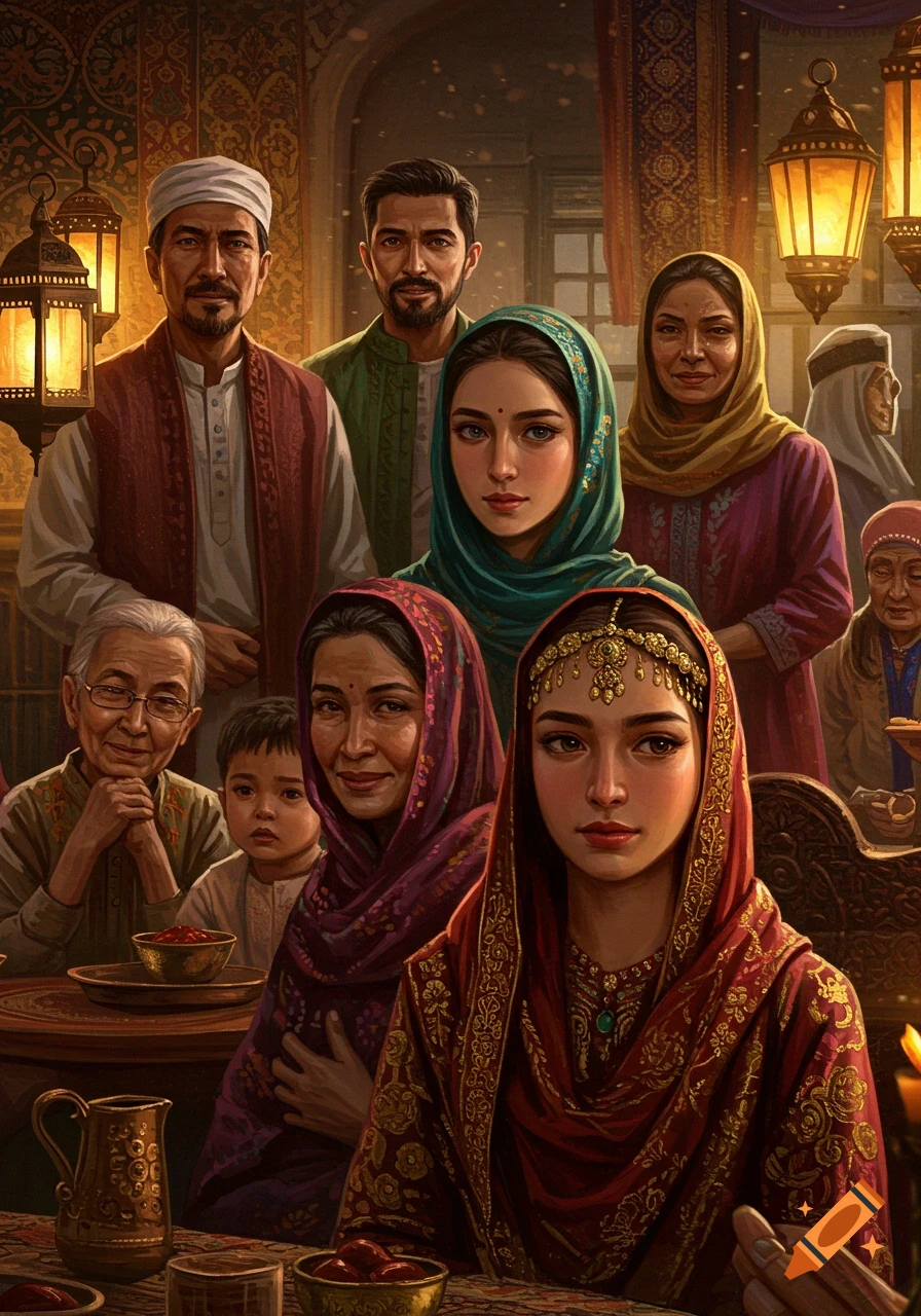 A warm, richly detailed portrait of a diverse family or cultural gathering with people of various ages in traditional attire, surrounded by lanterns and ornate decor.