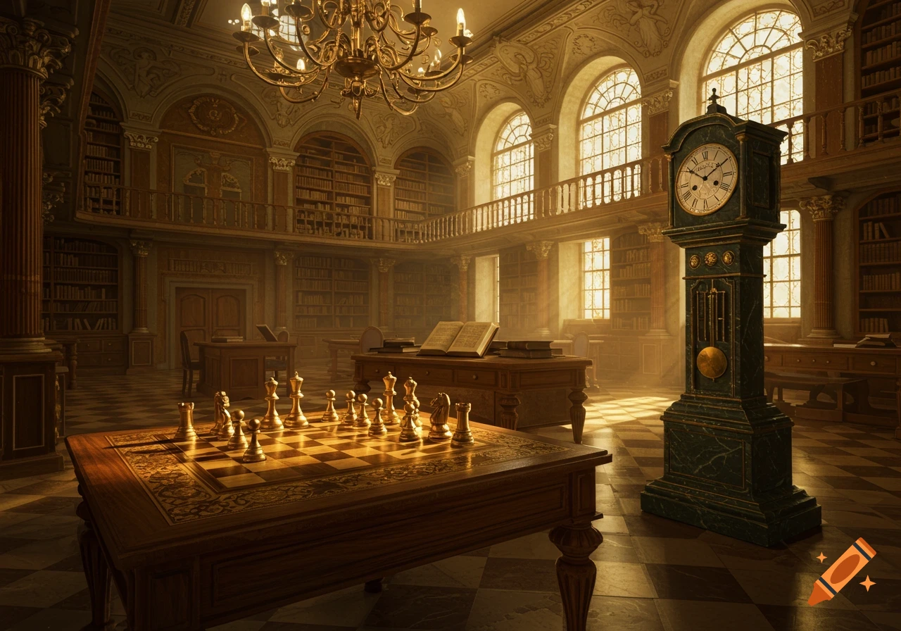 A grand, classical library with high arched windows, bookshelves, a large wooden chess table with pieces, and an ornate green grandfather clock, all illuminated by warm sunlight.