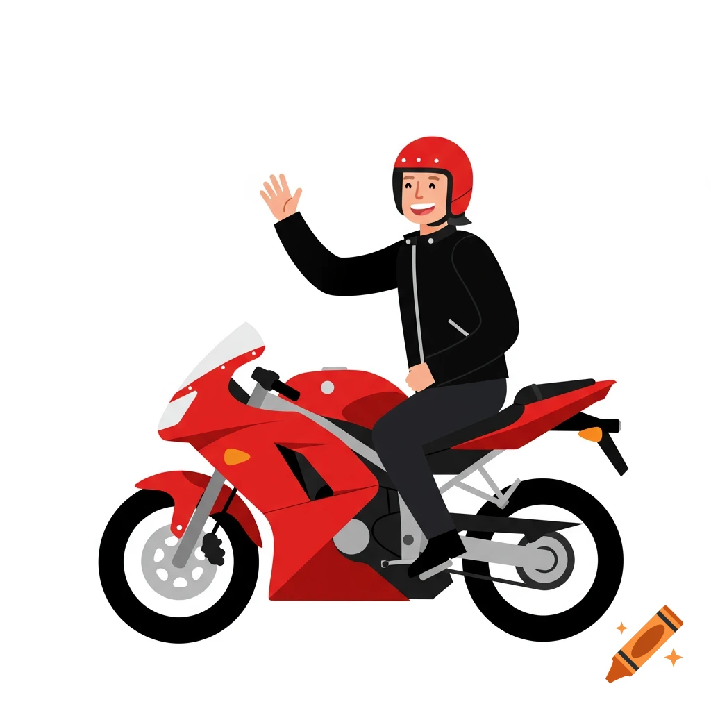 A light-skinned man in a red helmet and black jacket sits on a red motorcycle, waving with a smile in a clean vector style.