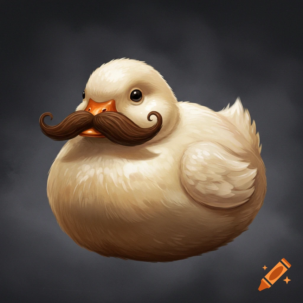 A plump, white cartoon duck with an orange bill and a large, curly brown mustache against a dark gray background.