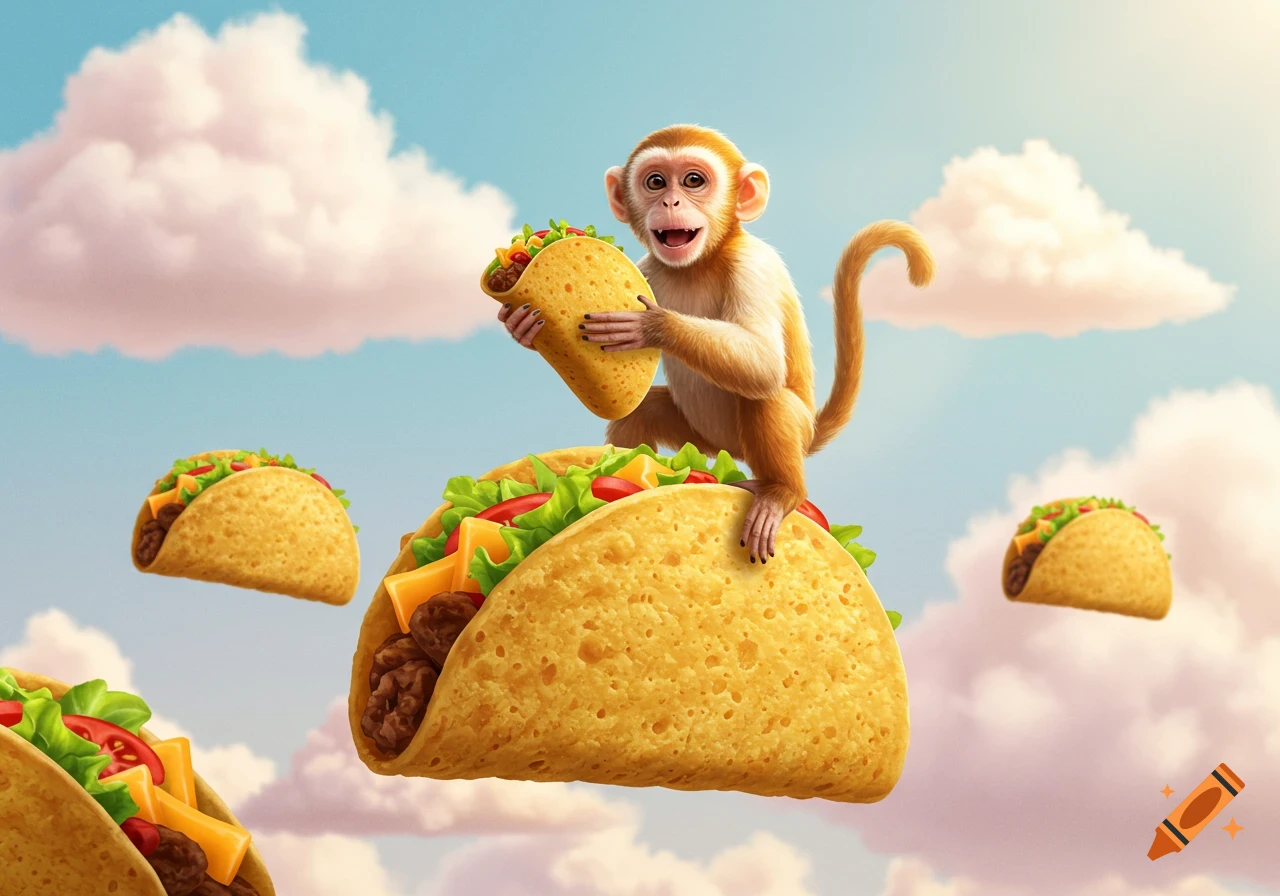 A cheerful monkey holds a taco while riding a giant taco amidst floating tacos in a bright sky.