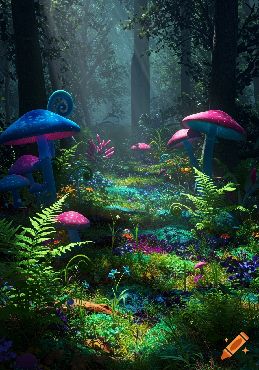 A vibrant, fantastical forest scene with large blue and pink glowing mushrooms and ferns under dappled sunlight.