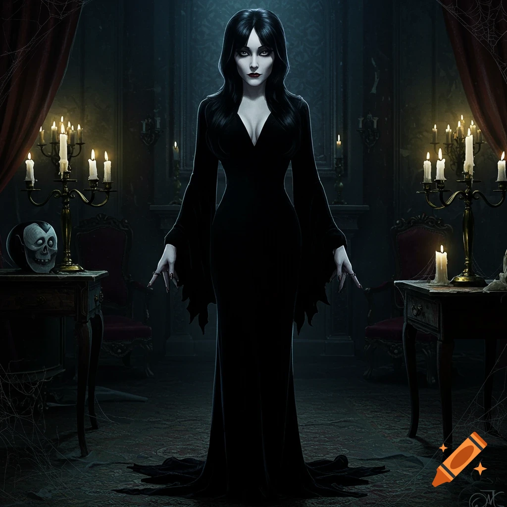 Full-body portrait of a woman resembling Morticia Addams in a black gown, standing in a dimly lit, gothic mansion room with candelabras.