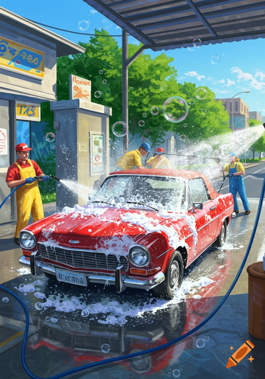 An illustrated scene of workers washing a red vintage car at a car wash, with soap and water splashing.
