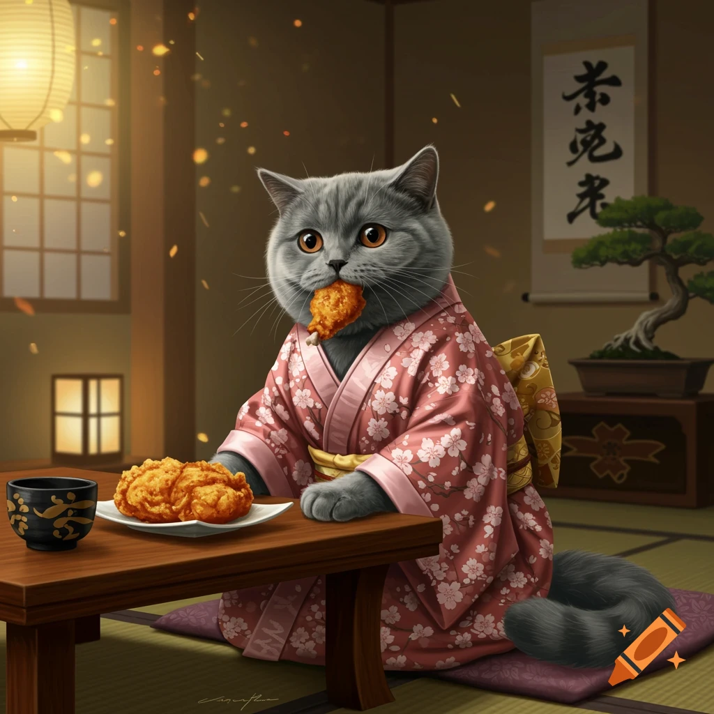 A British Shorthair cat in a pink kimono sits at a low table in a Japanese room, holding a piece of fried chicken to its mouth.