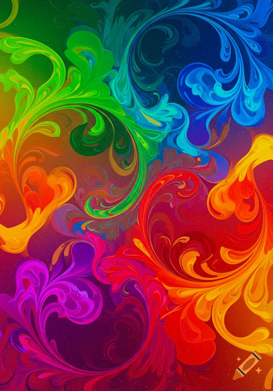 Vibrant abstract art featuring swirling patterns in green, blue, red, purple, orange, and yellow.