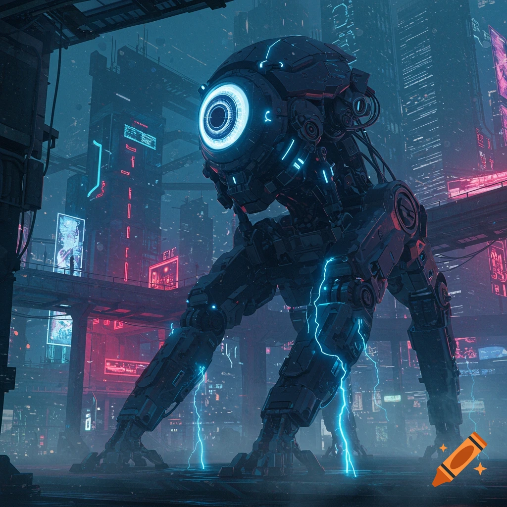 A giant, four-legged cyberpunk robot with a single glowing blue eye stands in a dark, neon-lit futuristic city with blue electricity arcing around its legs.