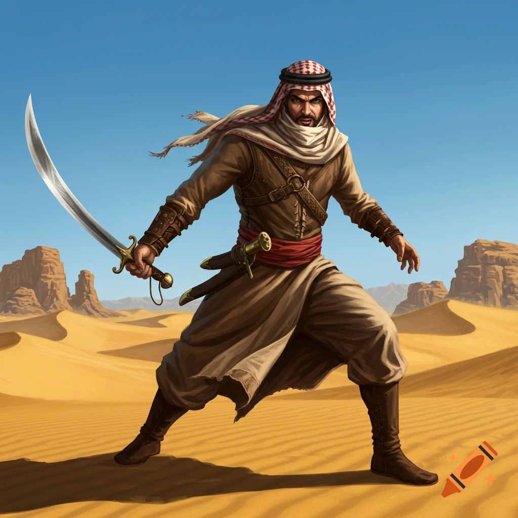 A male warrior in traditional Arab attire with a scimitar stands in a vast desert landscape under a clear sky, in an illustrative style.