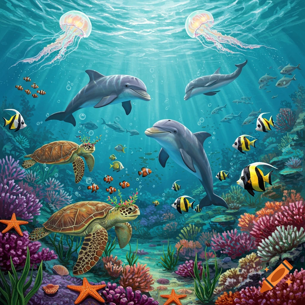 Colorful underwater illustration of dolphins, turtles with festive wreaths, and various fish swimming around a vibrant coral reef.