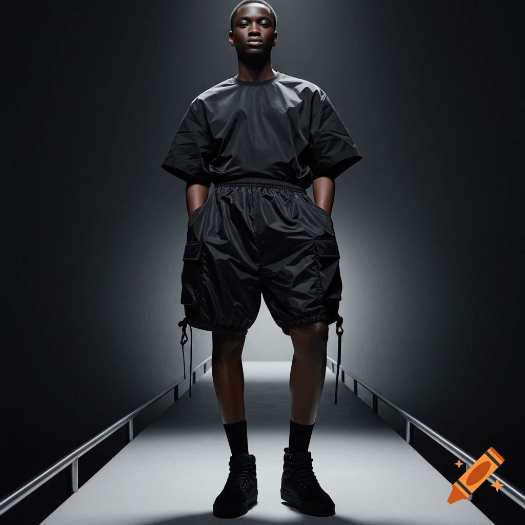 A man models black cargo parachute shorts and a matching top in a dark, minimalist setting.