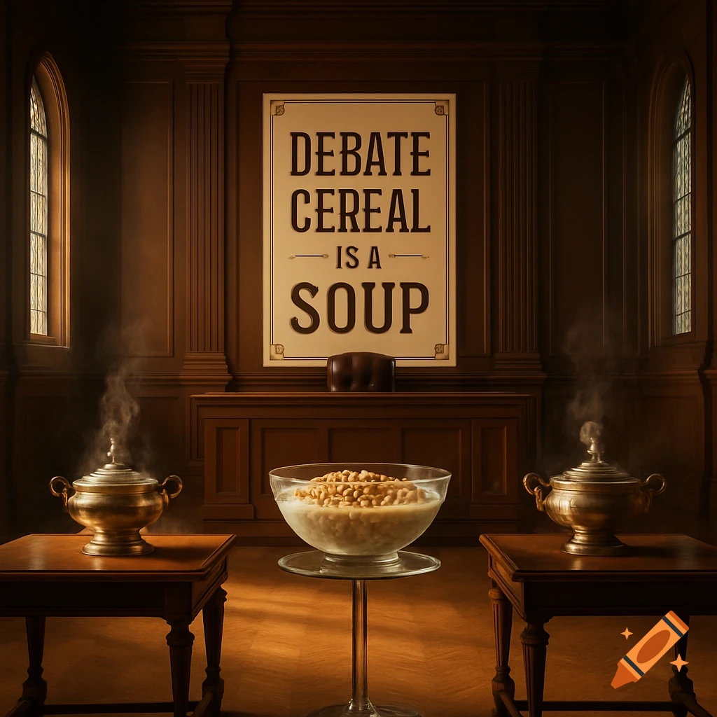 A dimly lit courtroom features two steaming gold tureens, a glass bowl of cereal, and a large poster saying 'DEBATE CEREAL IS A SOUP' on the wall.