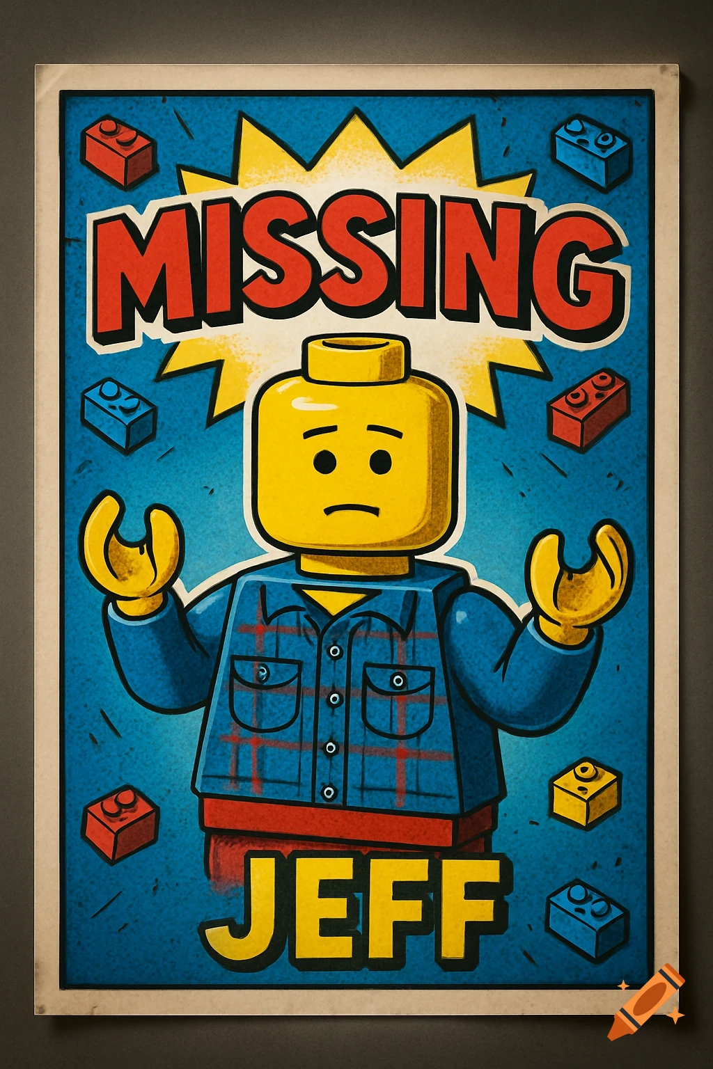 A vintage-style missing poster featuring a sad yellow Lego figure wearing a blue plaid shirt, with the words 'MISSING JEFF' in bold red and yellow letters.