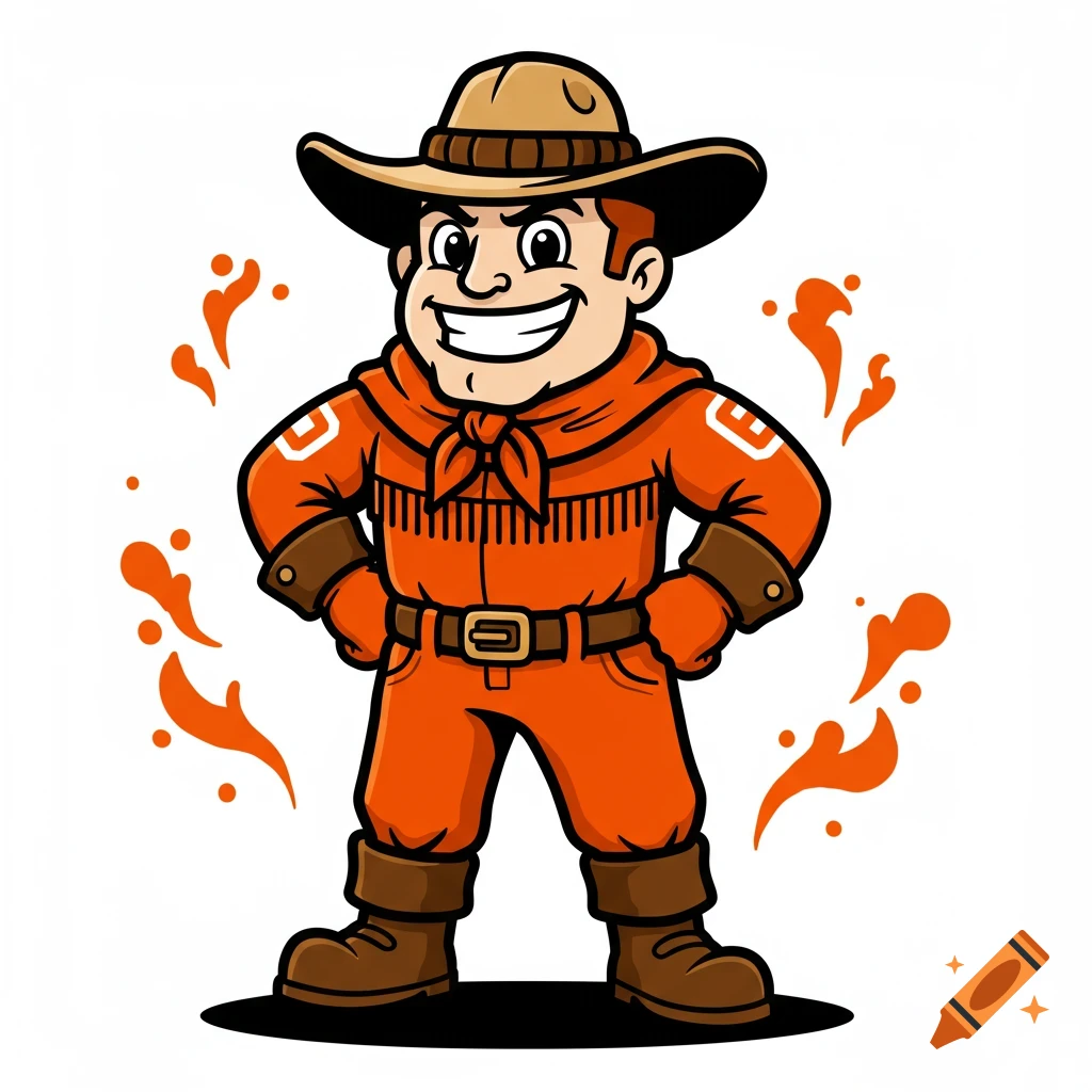A friendly cartoon mascot dressed in orange and brown pioneer-style clothing with a cowboy hat, smiling broadly.