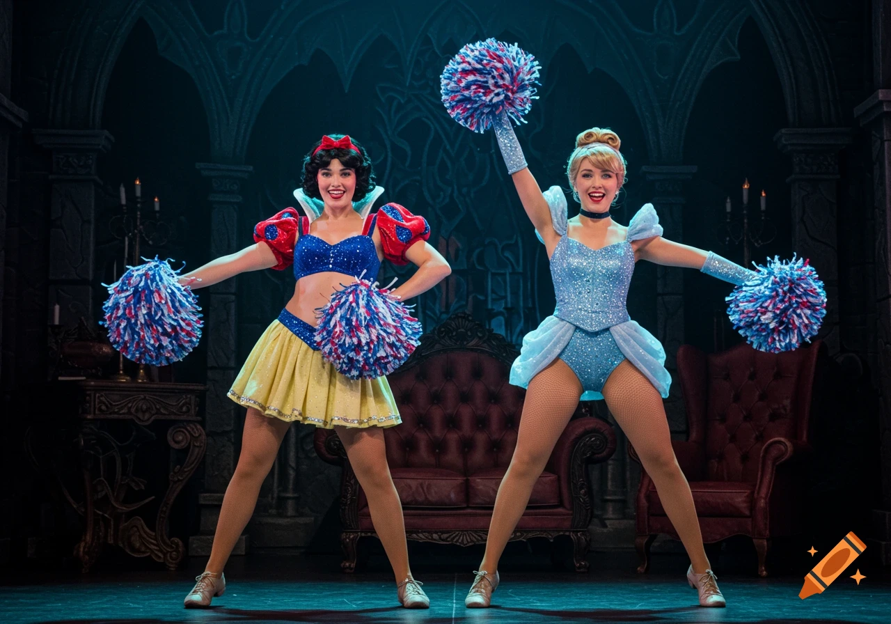 Two women dressed as cheerleaders resembling Snow White and Cinderella pose on a dark stage with gothic-style furniture.