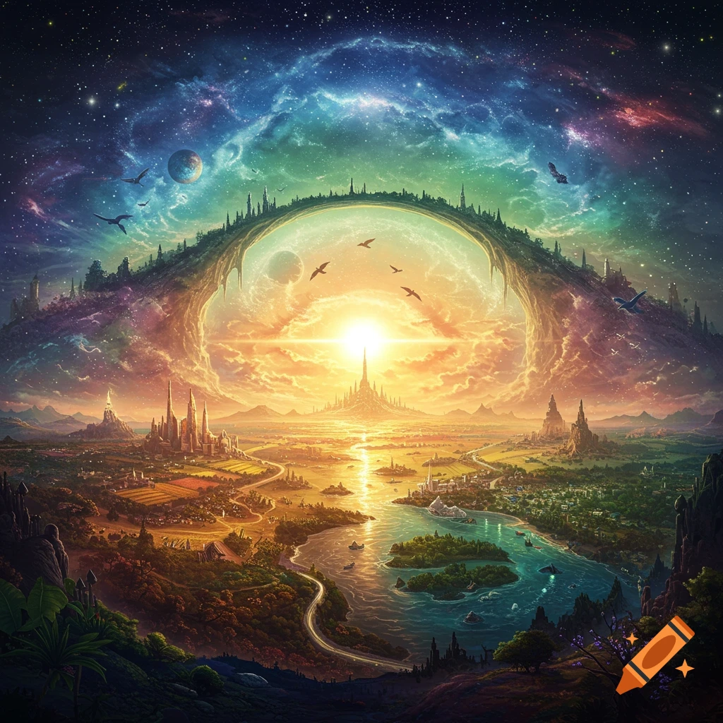 A vibrant fantasy landscape depicting a river flowing through cities towards a bright sun-like object under a starry, cosmic arch.