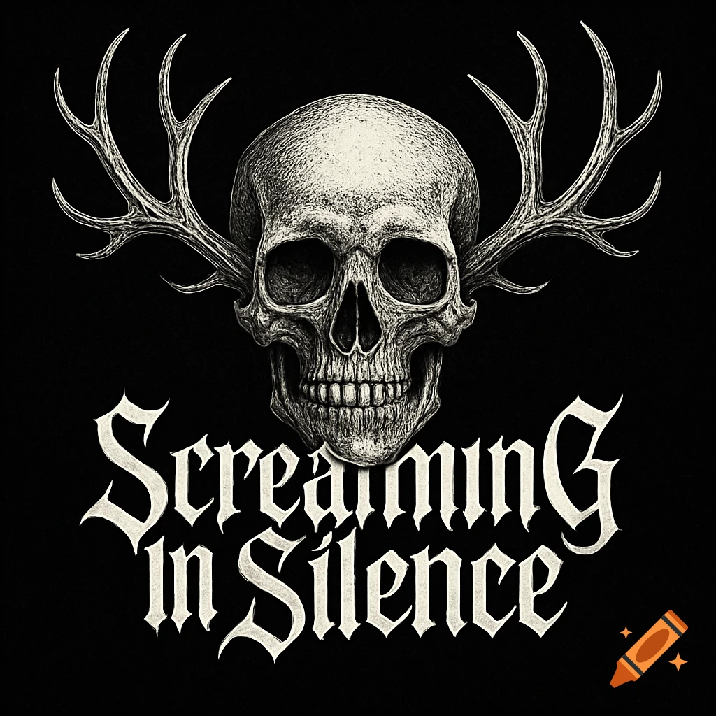 A black and white gothic-style band logo featuring a human skull with deer antlers and the text 'Screaming in Silence' below it.