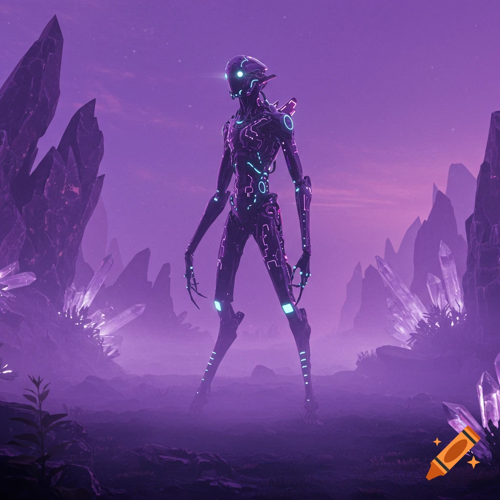 A lanky purple robot stands in a misty alien landscape filled with glowing crystals under a purple sky.