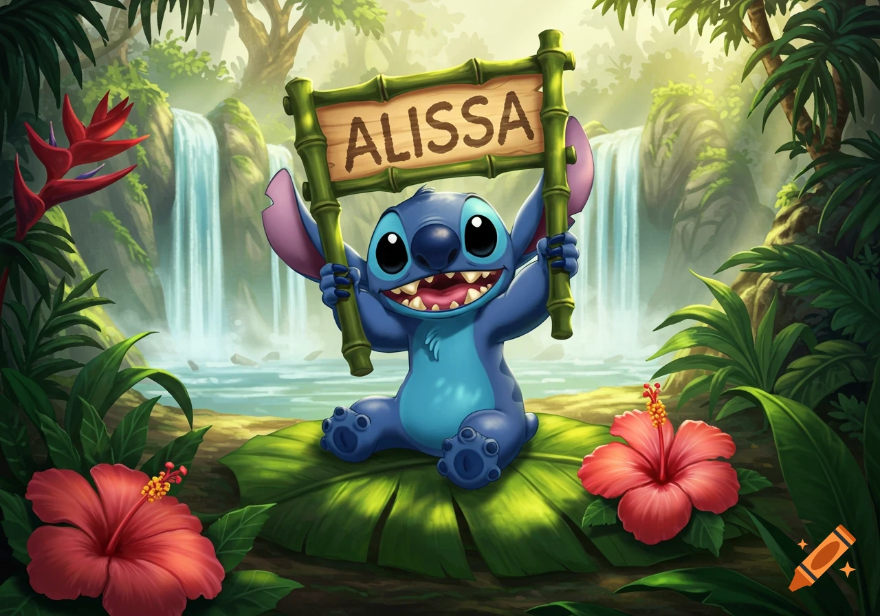 Cartoon Stitch holds a bamboo sign with 'ALISSA' in a vibrant tropical jungle with waterfalls and red flowers.