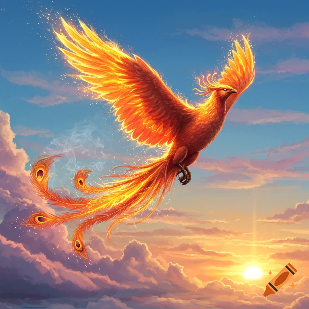 A majestic phoenix with fiery orange and red feathers soars through a vibrant sky with a glowing sun and clouds at sunset.