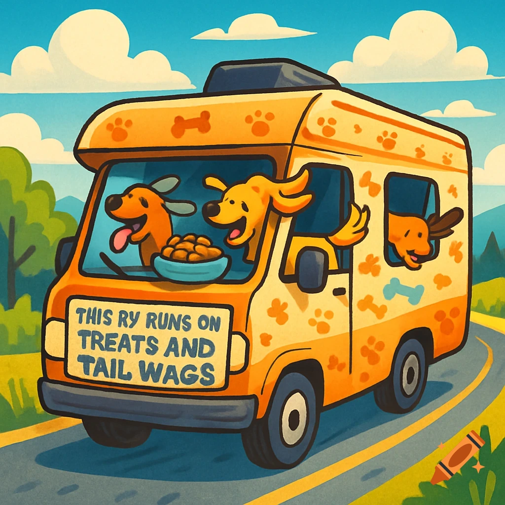 A cheerful cartoon illustration of an orange RV with happy dogs driving on a scenic road with a bumper sticker.