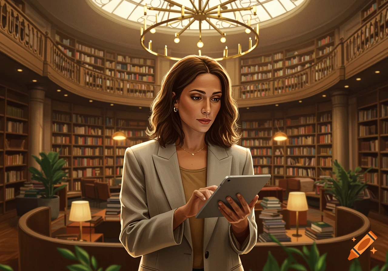 A woman in a blazer looks at a tablet in a grand, circular library with many bookshelves.